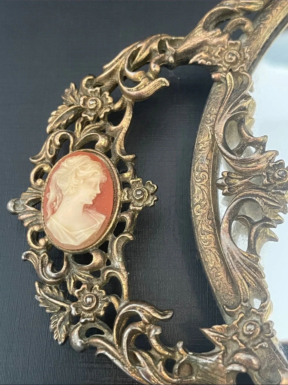 Vintage Dresser Mirror Set Vanity Tray Hand Mirror Cameo Matson Gold Plate
